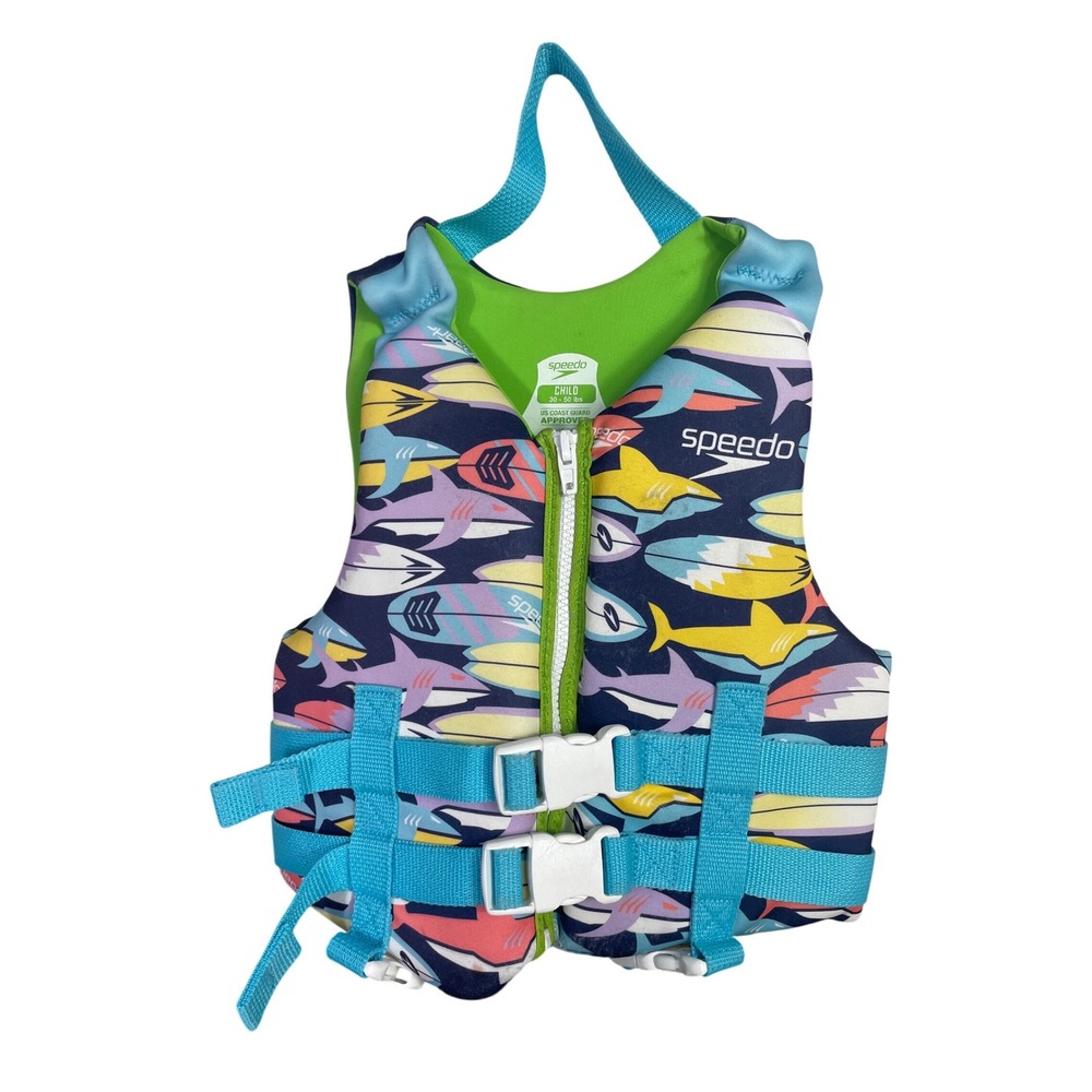 Speedo Child PFD Life Jacket Vest Shark Print Blue Green 30-50 lbs USCG Approved